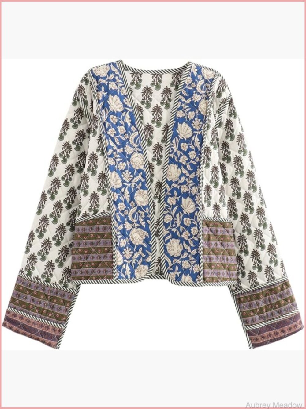 Women's Quilted Jacket Lightweight Floral Print Cropped Puffer Coat Short Open